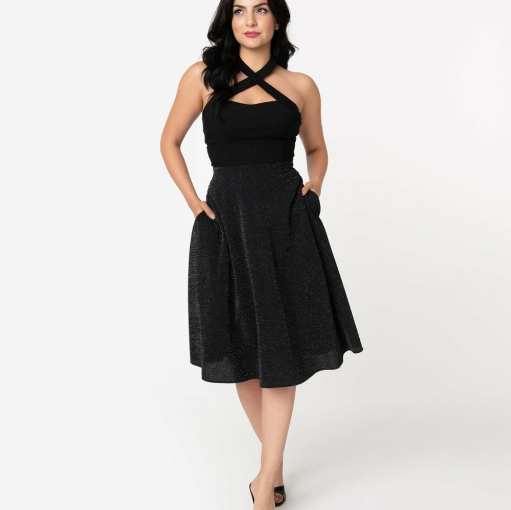 Unique Vintage Retro Sparkle Black Swing Skirt